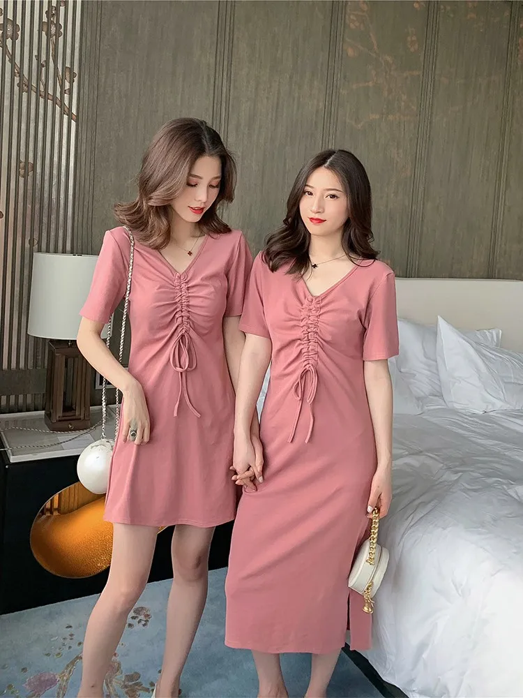 

2019 Summer New Style Korean-style Mid-length V-neck Shirred Short-sleeve Dress Women's CHIC Slim Fit Best Friend-T-shirt Dress