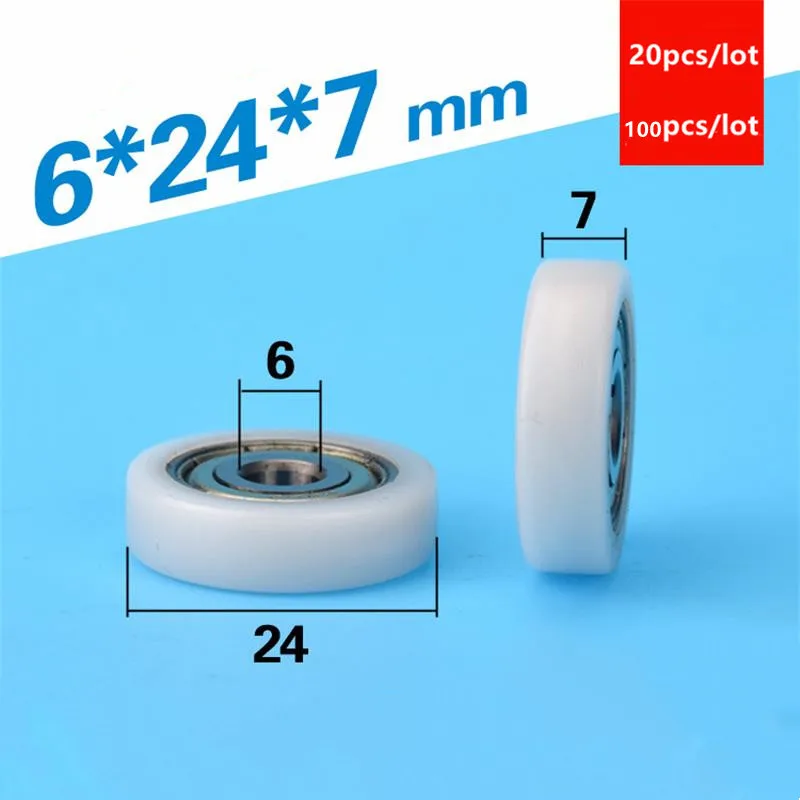 

20pcs/100pcs flat roller bearing 6*24*7mm 626ZZ 626 POM nylon plastic coated pulley guide wheel 6x24x7 mm