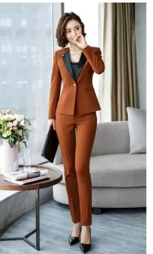 brown pantsuite Профессиональные женские новые модные юбочные костюмы темперамент Бизнес Тонкий длинный рукав Блейзер и юбка офисная Дамская рабочая одежда зеленый - Цвет: brown pantsuite