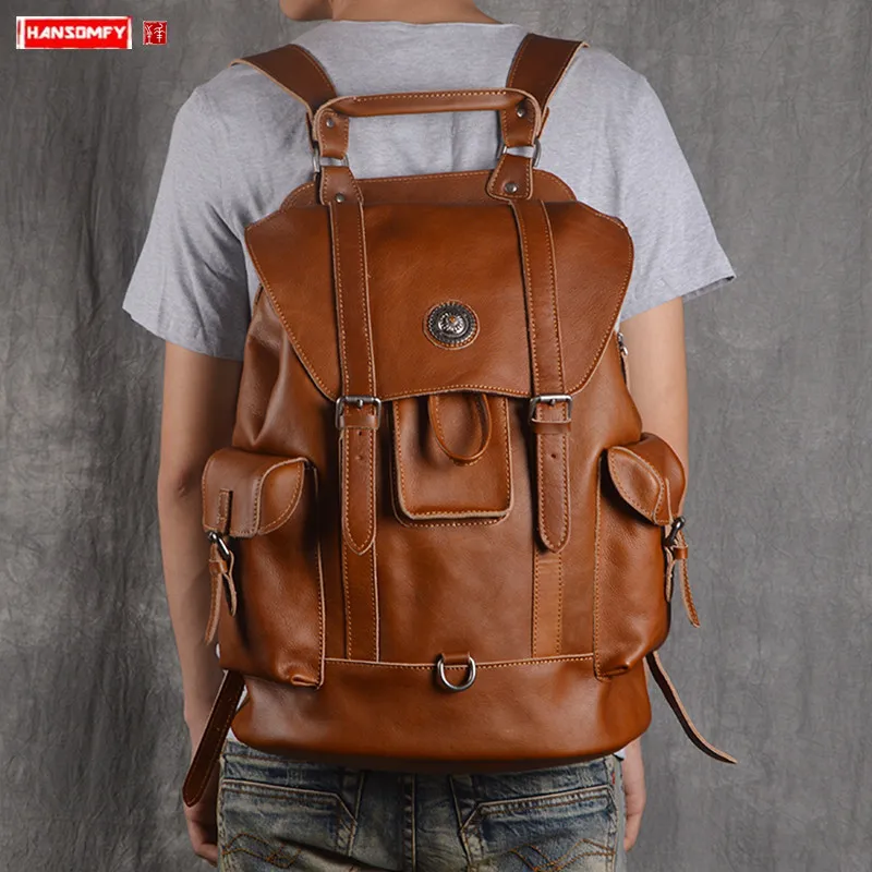 New First Layer Leather Men's Backpack Multifunction Men Laptop Bag