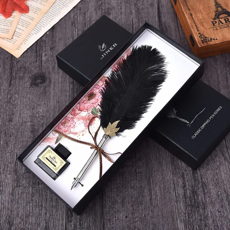 

England Ostrich Feather Dip Pen Ink Set Retro Calligraphy Student Writing Office Signature Fountain Pen Christmas Gifts