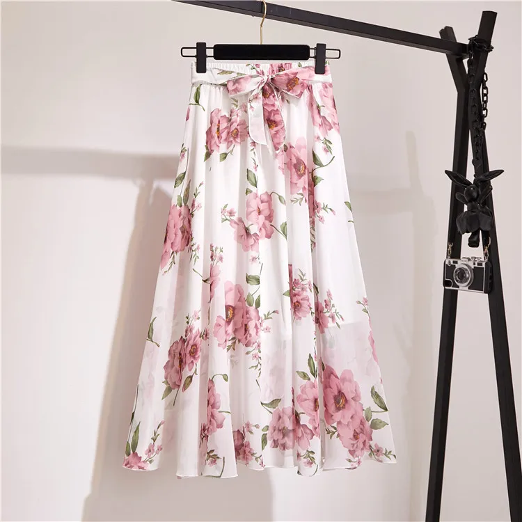 hoop skirt TFETTERS 22 Color Chiffon Floral Long Skirt Spring/summer 2020 New Bohemian Skirt  Long High Waist Beach Skirt Womens Clothing white denim skirt