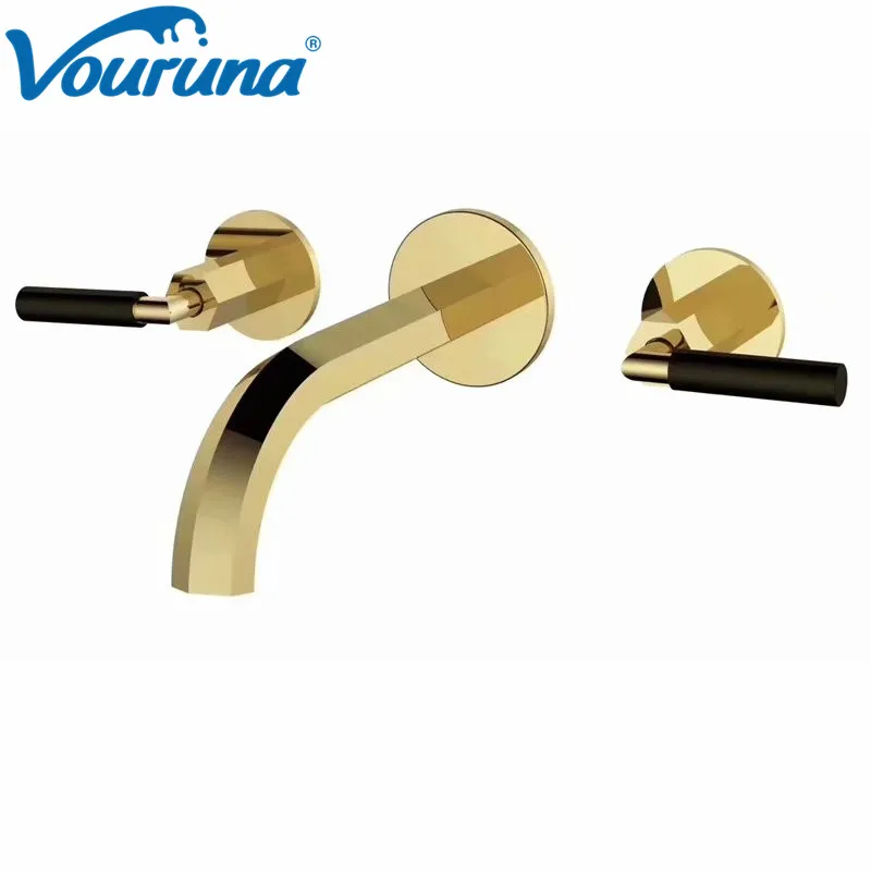 Golden VOURUNA современные двойные ручки из розового золота, ванная хромированные смесители в настенный смеситель для ванной комнаты - Цвет: Golden
