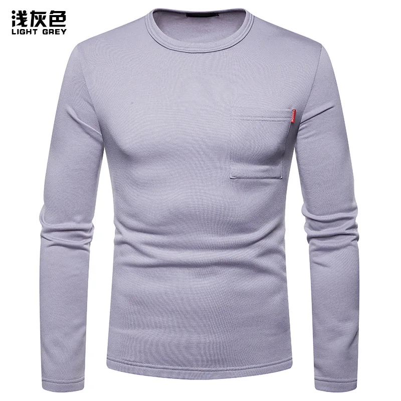 Light Gray Мужская хлопковая легкая толстовка с круглым вырезом Осенняя мужская теплая толстовка мужская с длинным рукавом приталенный пуловер рубашки Базовая футболка - Цвет: Light Gray