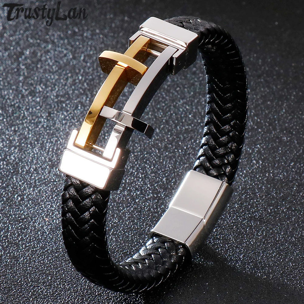 

Rope Chain Pray Cross Bracelet Man Leather Gold/Black Stainless Steel Mens Bracelets Hand Jewelry Wrap Band With Magnet Clasp