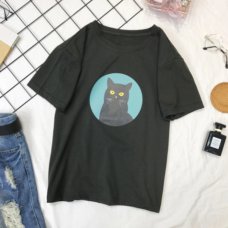 Harajuku/Милая футболка с принтом кота для женщин, друзей, подростков, студентов, эстетическая футболка 90 S, свободная шикарная черная белая футболка в Корейском стиле