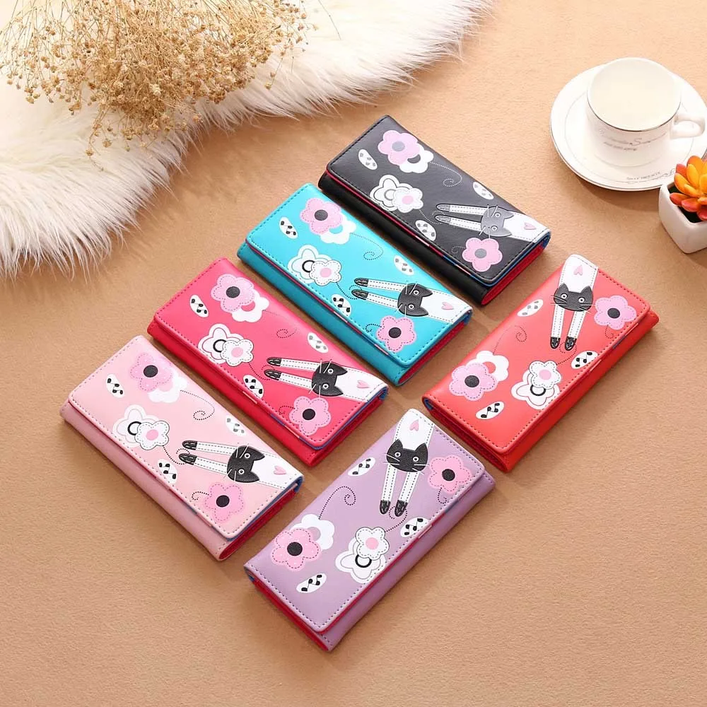 

Women Wallet Lovely Cat Flower Pattern Cute Student Hasp Coin Purse Long PU Leather Card Holders Girls Purses sacoche new