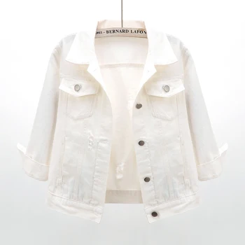 

Spring Autumn New Women White Jeans Jacket Frayed Holes Three Quarter Sleeve Denim Jacket Big size Loose Short Denim Coat Female