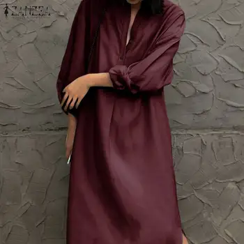 

ZANZEA 2020 Women's Dress Casual Long Shirt Knee Length Vestidos V Neck Cotton Solid Sundress Beach Party Robe Femme Plus Size 7