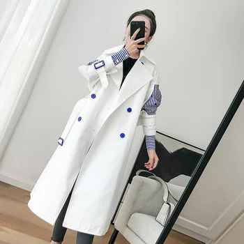 

2019 New Fashion Womne Clothes Korean Girl's Windbreaker Korean Two Paper Sleeve Joint Stripe Chic Loose Coat Patchwork