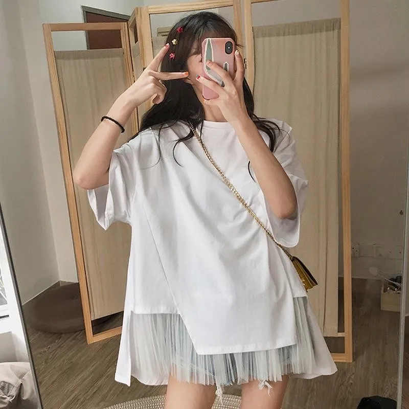 

2020 Summer streetwear Tees Shirt Women Casual Short Sleeve tops Loose Mesh Patchwork long t-shirts pullover preppy style girl