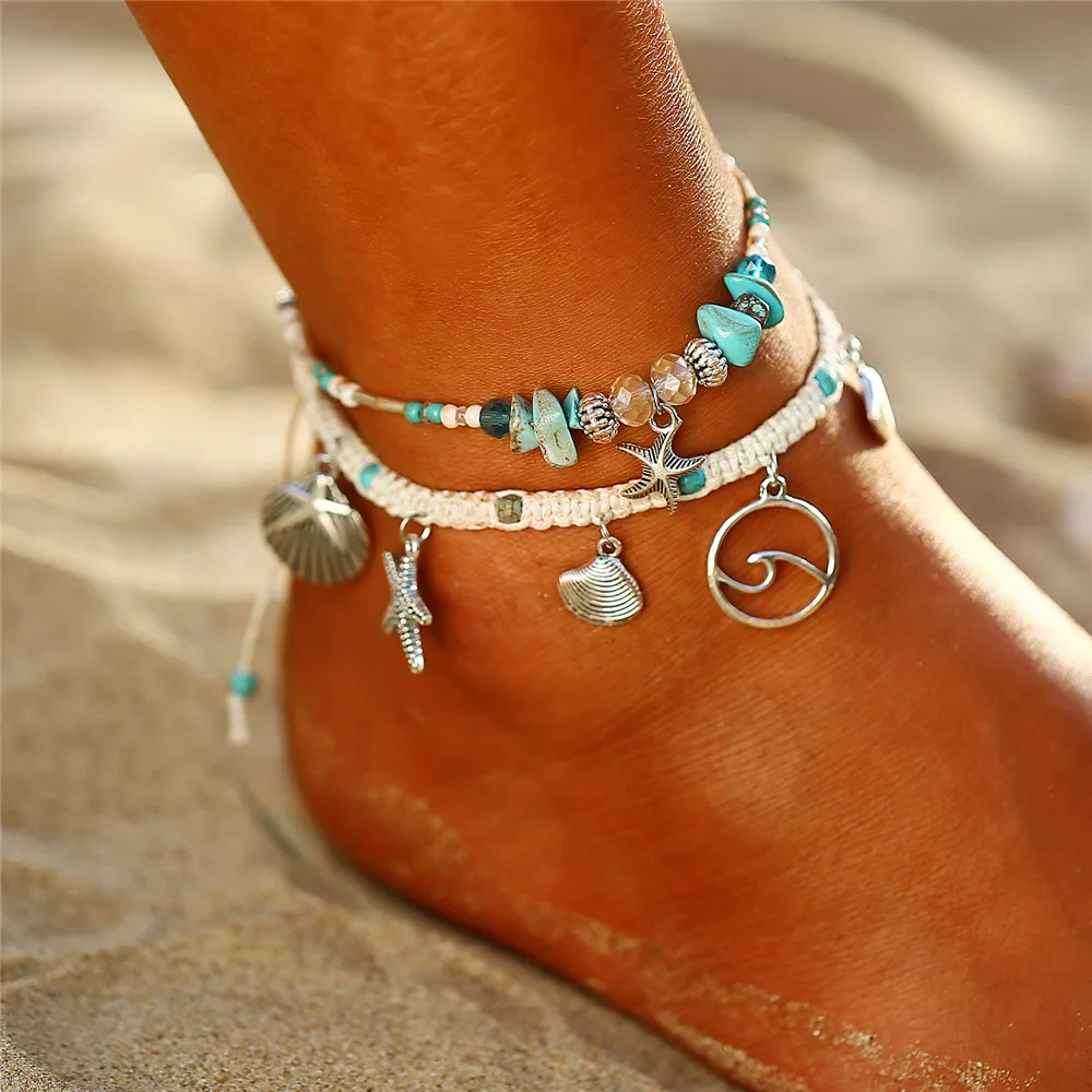 Boho Ocean Beach Sea Shell Cowrie Ankle Bracelet Multi Layer Beads Adjustable String Macrame Mussel Seashell Anklets for Women