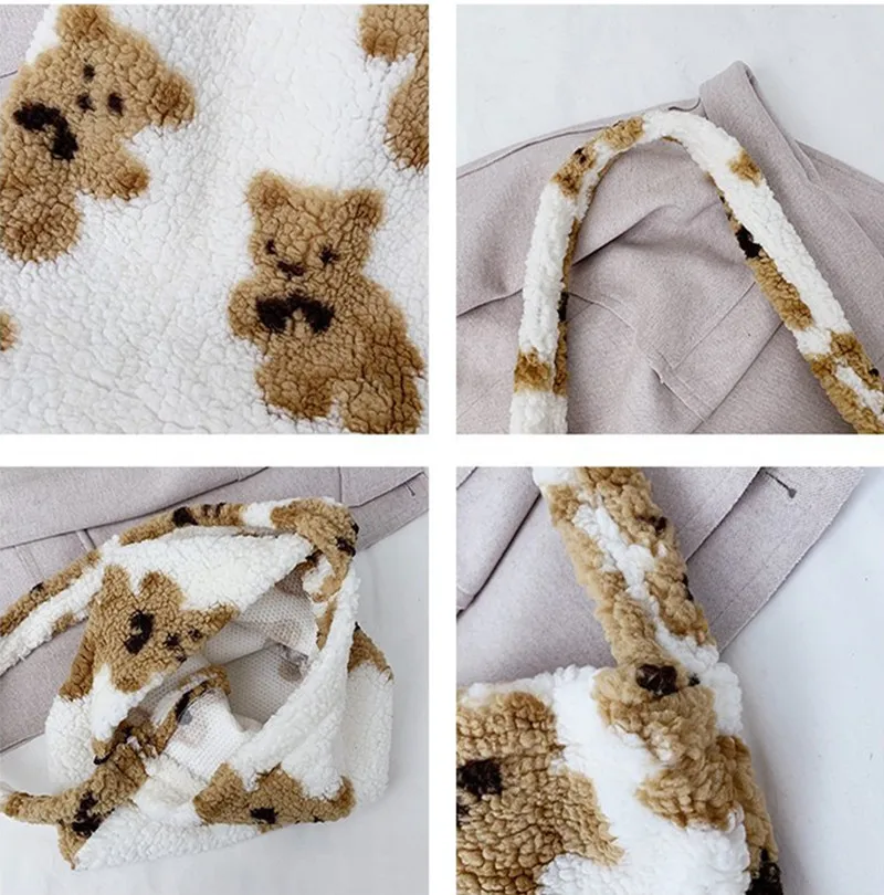 Women Lamb Like Fabric Shoulder Bag Autumn Winter Plush Cartoon Bear Handbags Large Capacity Shopping Bags Girls Cute School Bag