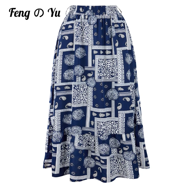 Fashion Bohemian Long Skirt Women's Elegant Holiday Summer Casual High Elastic Waist Skirt Floral Print Sea Blue Retro Skirt Blue