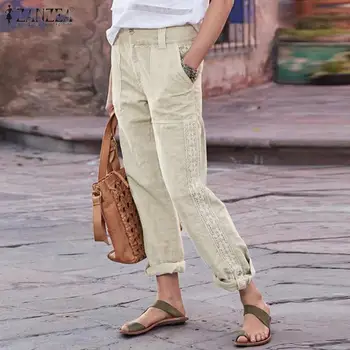 

Plus Size Women's Lace Crochet Trousers 2020 ZANZEA Elegant Straight Pants Casual Zipper Pantalon Palazzo Female Solid Turnip