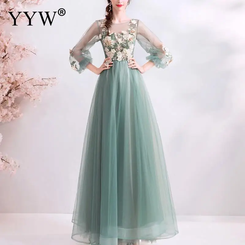 Женское вечернее платье с кружевной вышивкой зеленые шифоновые вечерние платья