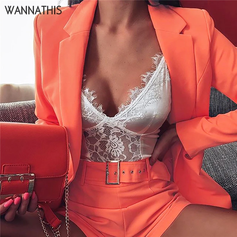 WannaThis женские костюмы офисные комплекты Блейзер и шорты с v-образным вырезом сексуальный осенний неоновый оранжевый блейзер Feminino комплекты из 2 предметов и тонкий ремень