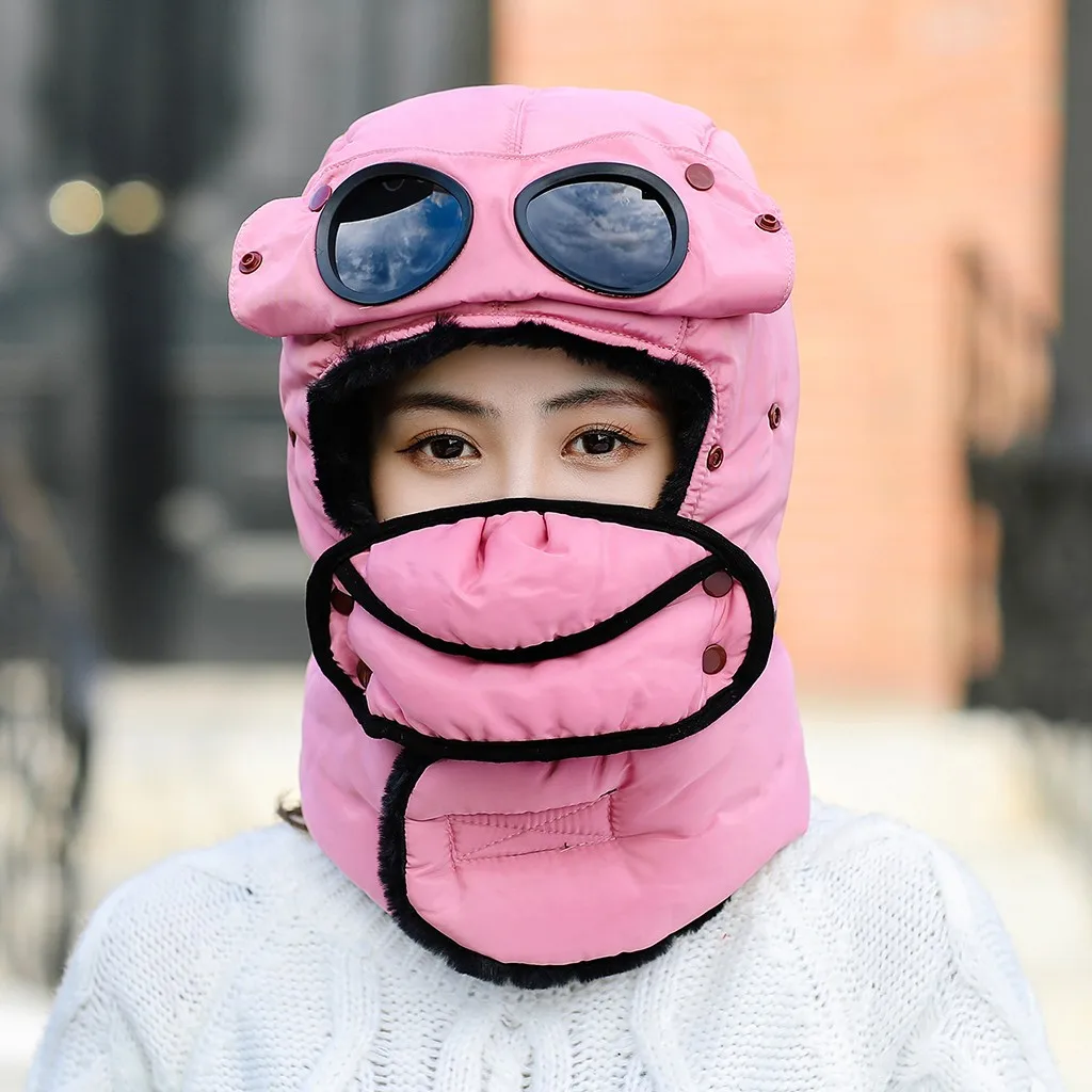 Pink Зимние шапки-бомберы для мужчин и женщин, защита для ушей, толстая ветрозащитная велосипедная шапка, шарф, маска для глаз, набор теплых хлопковых плюшевых лыжных шапок, снежная шапка - Цвет: Pink