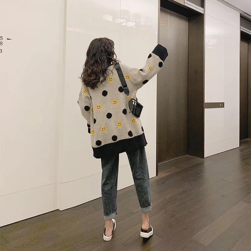 New Autumn Fashion Women Shirts Knitting Loose A Lazy Wind Sweater Blouse Shirt Apricot Smoke Grey F7880