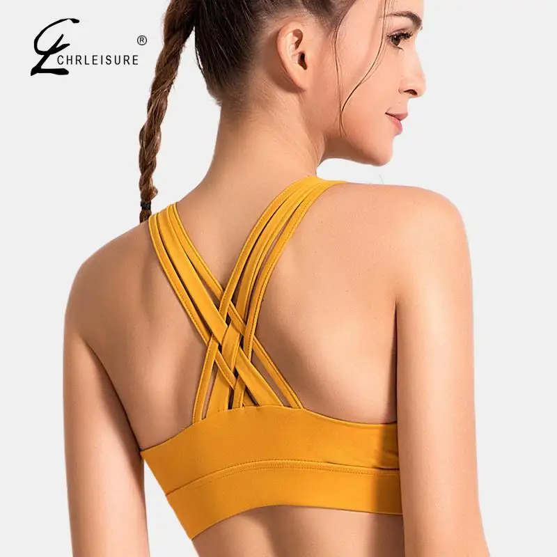 

CHRLEISURE Women Bra Sports Wear Push Up Top Workout Underwear Sportswear Elastic Without Underwire Bralette Solid Sexy Vest