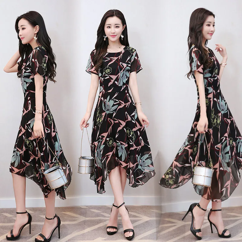 

2017 Summer New Style Korean-style Women's Wear Slim Fit Elegant Big Hemline Floral Dress Chiffon Short Sleeve Medium-length Dre