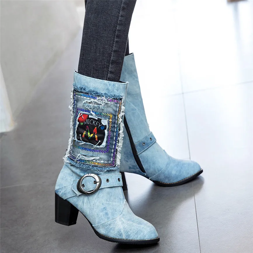 Женская обувь джинсовые ботильоны с круглым носком на толстом каблуке в западном