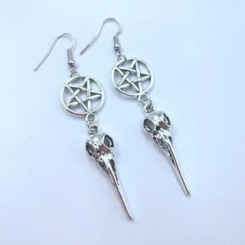 silver Серьги с птичьим черепом, готические длинные сережки, пентаграмма, серьги череп, подарок на Хэллоуин - Окраска металла: silver