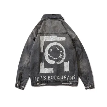 

Graffiti Smiley Print Denim Jacket Coat Harajuku Streetwear Hip Hop Washed Cotton Ripped Motocycle Casual Vinatge Jeans Jacket