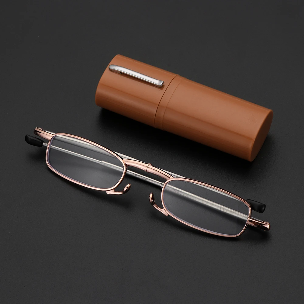 Mode Mini Falt lesebrille Männer Frauen kleine Metall quadratischen Rahmen Presbyopie Brillen mit Fall faltbare Leser Brillen – Detail 4
