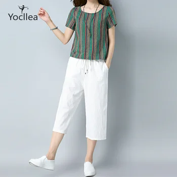 

Plus size Women Two Piece set Female Summer Casual Cotton Linen O-neck Short Sleeve Tops+Calf-Length Pants suit ZY337