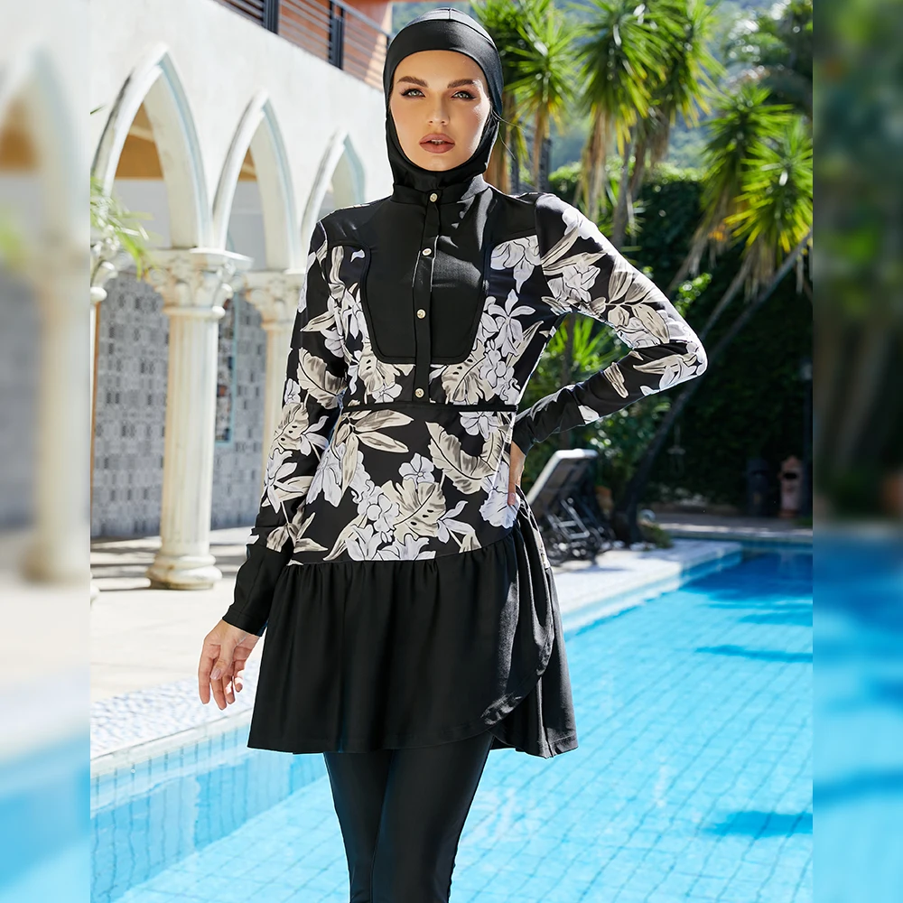 

3 Piece Burkinis Muslim Long Sleeve Swimwear Islamic Printed Swimsuits Women Full Cover Modest Islamic Swimming Suits Beachwear