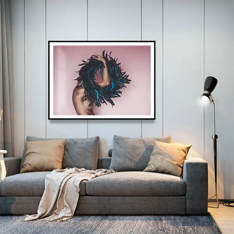 Nordic Modern Feathers Woman Decoration Painting Sexy Nude Canvas Painting Pink Pictures for Living Room Decor Wall Art Cuadros