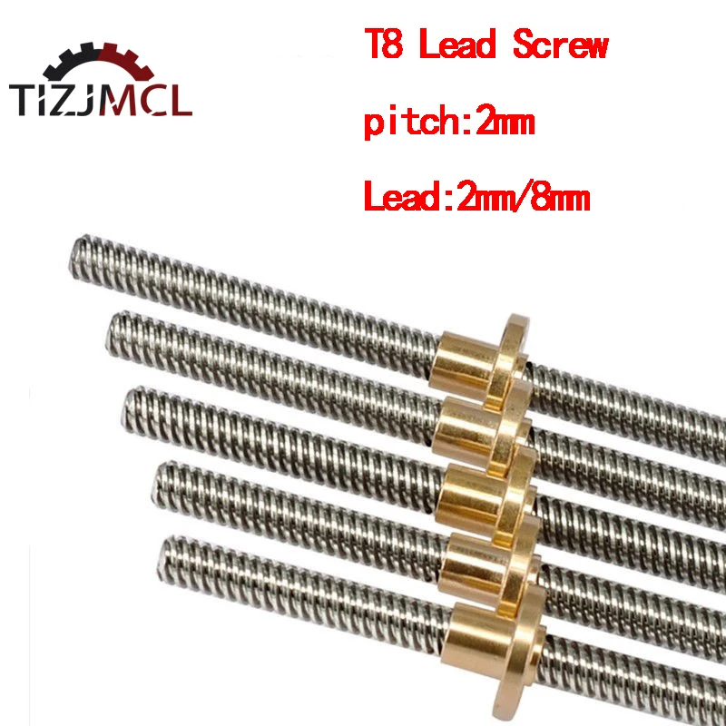 Vis À Plomb T8 OD 8mm, Pas De 4mm/2mm/8mm, Longueur 2mm 200mm 250mm 300mm  350mm 400mm 450mm 500mm Avec Écrou For Pièces Reprap 3D, 1 Pièces (Color :  Lead 2mm, Size 