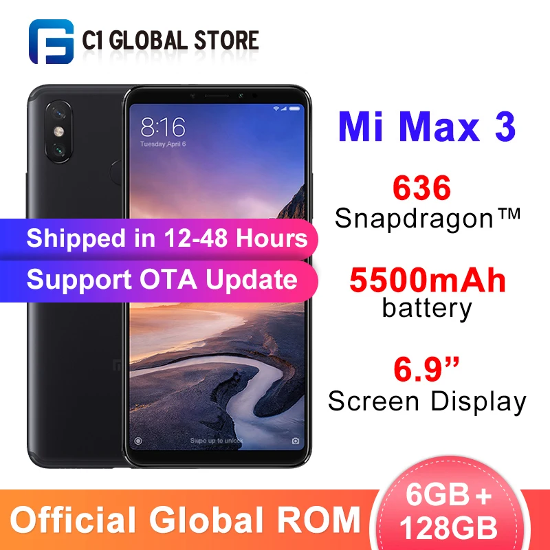 Xiaomi Mi Max 3 смартфон с восьмиядерным процессором Snapdragon 636 ОЗУ 6 ГБ ПЗУ 128 12 Мп + 5 МП 5500