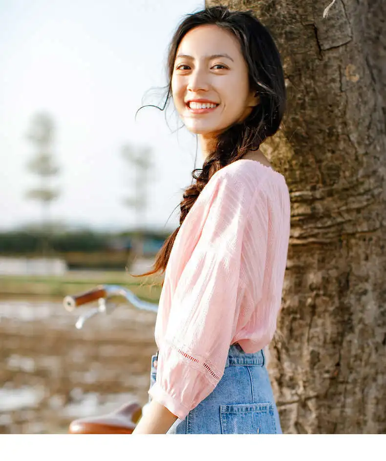 Инман Летний художественный кружева V воротник чистого хлопка пузырь 7-рубашка с рукавами Свободный рукав блузки