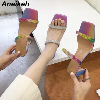 

Aneikeh NEW 2020 Summer Fashion Crystal Sequin Heel Women Slippers Shoes Sandals Square Toe Middle heel Slide Sandalias Mujer