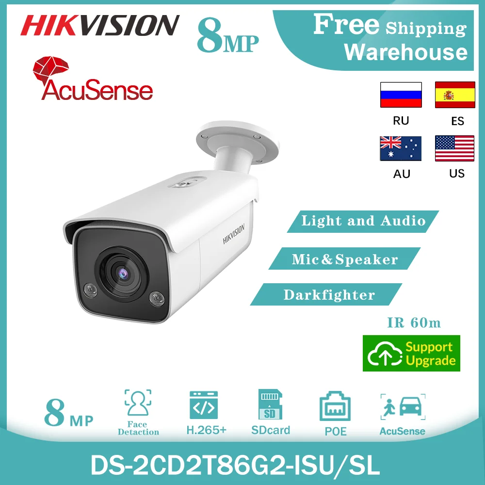 Hikvision 4K 8MP IP Camera AcuSense DS-2CD2T86G2-ISU/SL DarkFighter IP67 60M POE H.265+ SD Slot Audio Alarm Video Bullet Camera