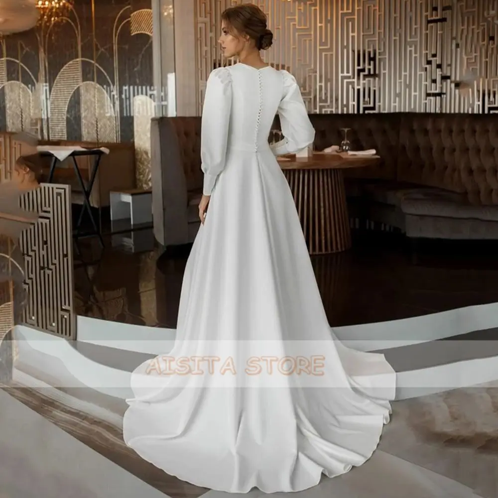 Simple Soft Satin Wedding Dresses 2022 Elegant O Neck Long Sleeves Muslim Sweep Train Bridal Gowns Vestido De Noiva Plus Size black wedding dresses