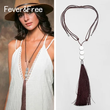 

Fever&Free Bohemian Vintage Tassel Long Necklace Women High Quality Silver Round Pendant Leather Necklace Braided Collar Jewelry