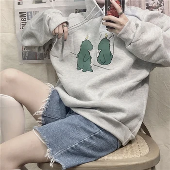 

Cartoon Dinosaur Print Hoodies Sweatshirt Women Loose Hooded Fleece Tops Student Oversized Cute Clothing Harajuku Pullovers 2019