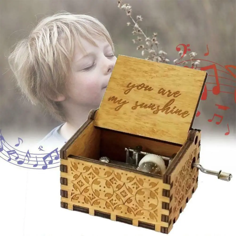 Mini Wooden Hand Engraved Music Box Fun Toys Kids Gifts you are my sunshine