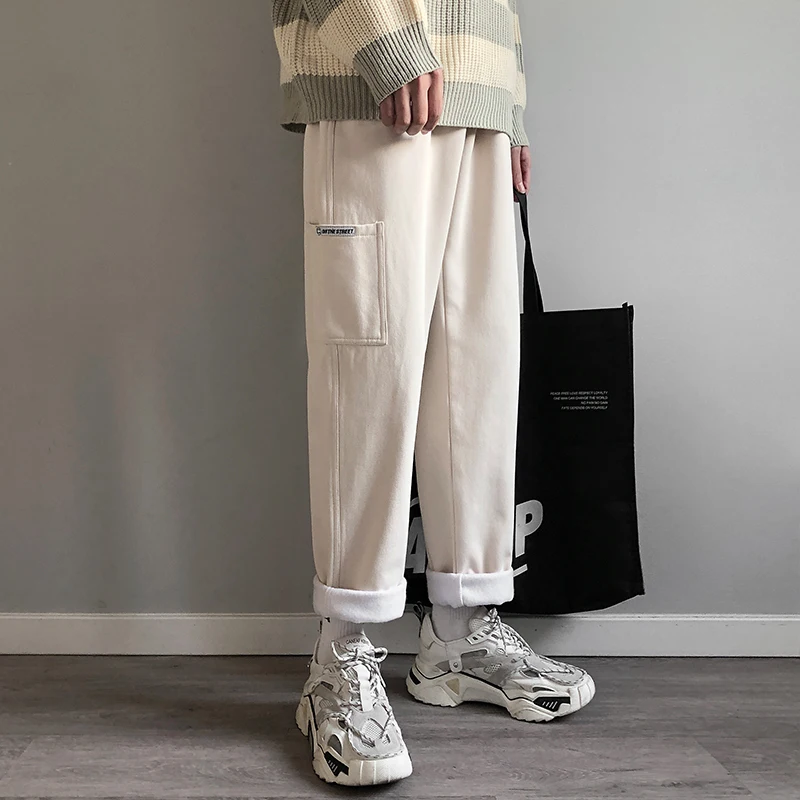khaki Зимние новые бархатные плотные спортивные штаны, мужские Модные однотонные повседневные штаны, мужские уличные свободные прямые брюки в стиле хип-хоп - Цвет: khaki
