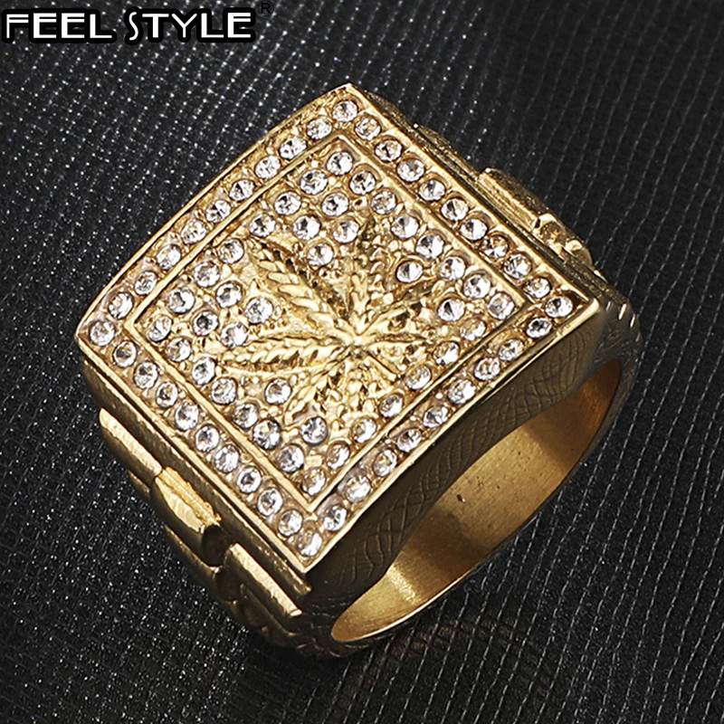 

Iced Out Weed Maple leaf Bling Gold Stainless Steel Ring Micro Paved Rhinestone Rings for Men HIP Hop Jewelry