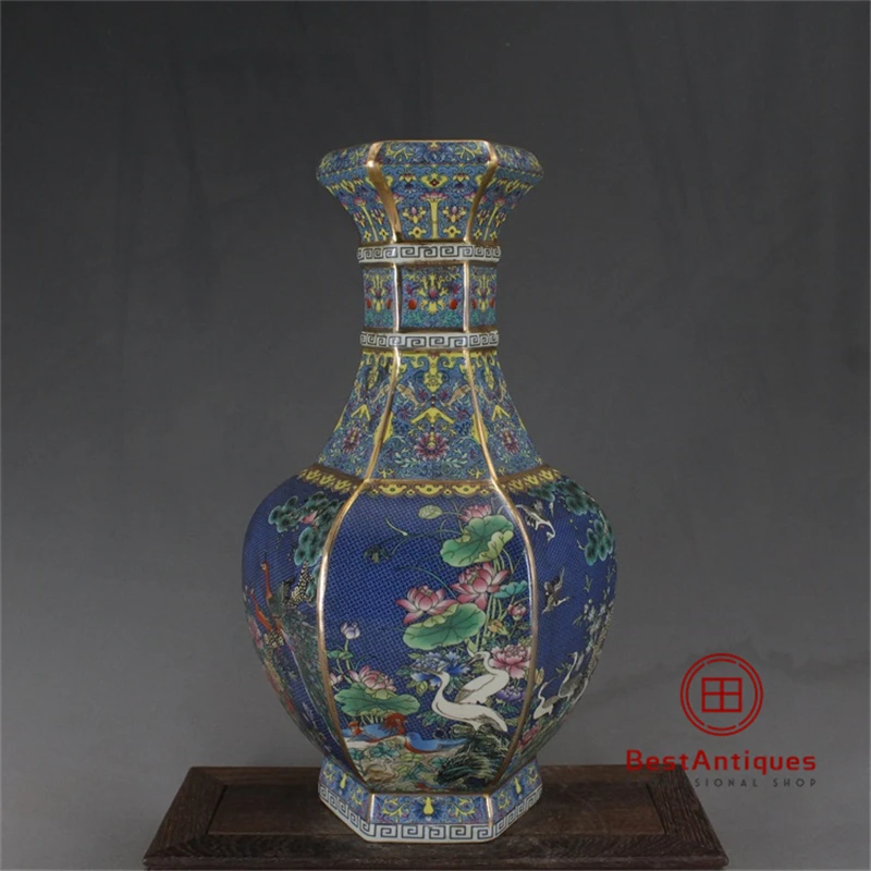 

Qing Qianlong Imperial Blue Enamel Colorful Flower and Bird Flower Vase Antique Vase Decoration Porcelain Collection Home Decor