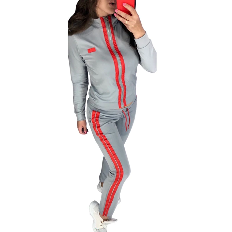 Наборы для бега для женщин, спортивные свободные беговые штаны, пальто на молнии, Осенний полосатый спортивный костюм, повседневный комплект для йоги, женская спортивная одежда - Цвет: gary1