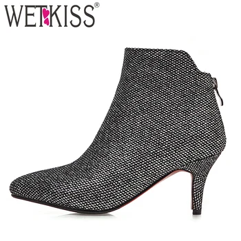 

WETKISS High Heels Thin Boots Women Sequined Ankle Booties Female Shoes Ladies Party Pointed Toe Bling Shoes Women Winter 2020