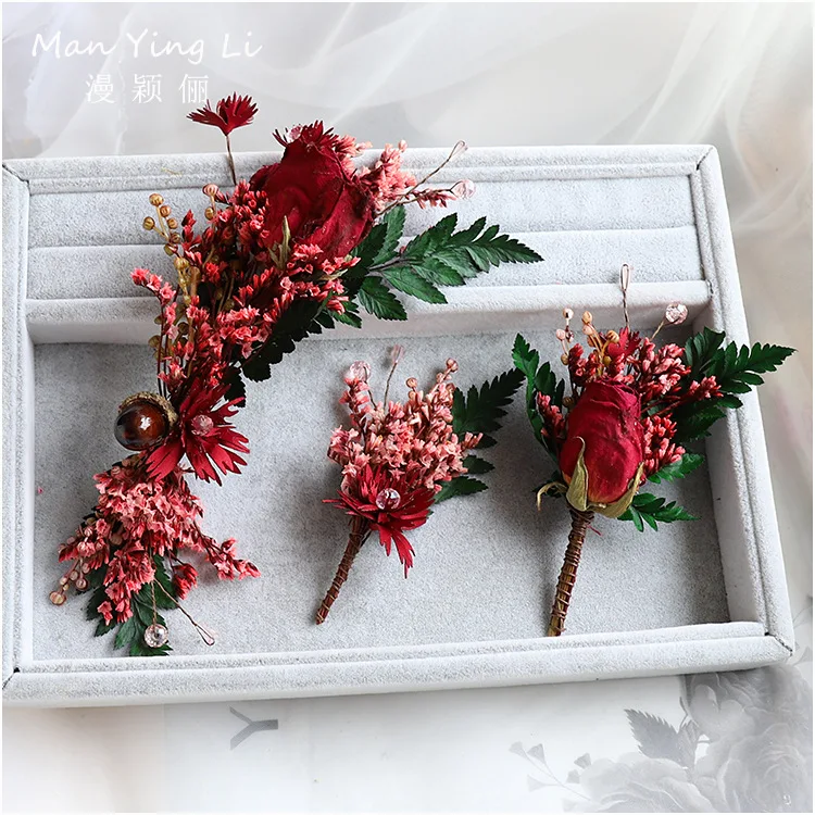 Невесты Мори Отдел розы красные натуральные сухоцветы украшения волос Pinecone Цветочные Шпильки Свадебные для волос оптом