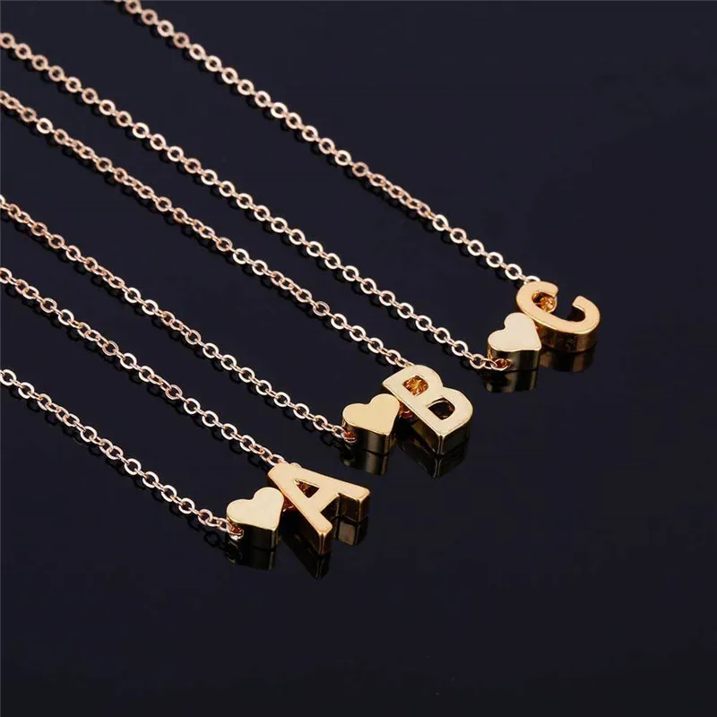 Hot Fashion Tiny Heart Dainty Initial Necklace With Letter Name Necklace For Woman Gold Color Pendant Girls Gifts Choker Jewelry