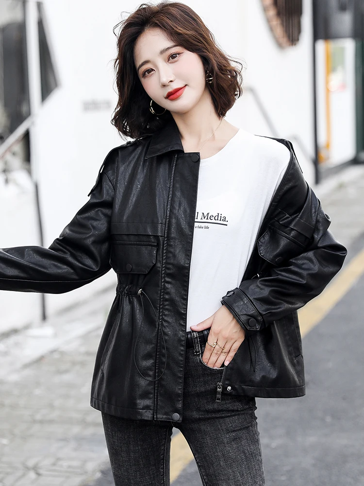 New Women Leather Jacket Spring Autumn 2024 Fashion Moto Biker Coat Drawstring Loose Sheep Leather Tops Sheepskin Trench Coat