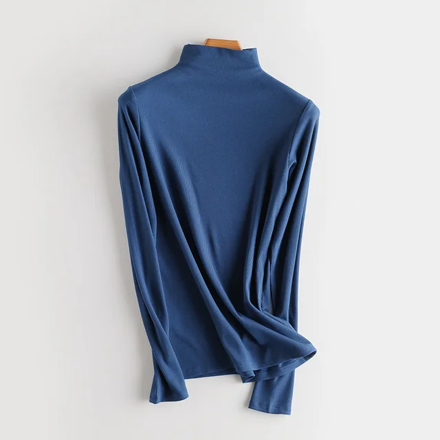 SuyaDream Women Bottoming T Shirt Real Silk Blend Long Sleeves Solid Basic Shirt 2021 Autumn Winter Turtleneck Top Blue Mock N
